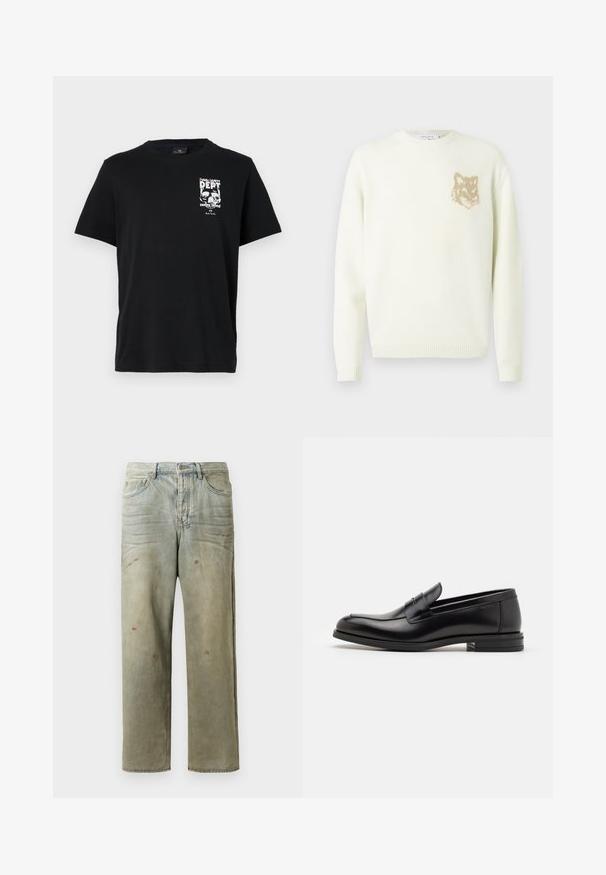 Cream crewneck sweater with long sleeves and small beige fox head graphic on the left chest, ribbed cuffs and hem.; Black cotton T-shirt with short sleeves, featuring a white graphic print with text and skulls on the left chest. Classic crew neck design.; Distressed denim jeans in light green, featuring a straight leg, five-pocket design, and uneven fading with paint splatters.; Black leather loafers with a smooth texture, rounded toe, and a decorative strap across the vamp. Low stacked heel, minimalist design.