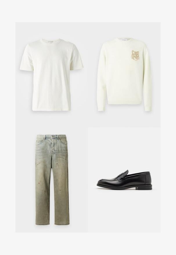 Világos krém színű crewneck pulóver hosszú ujjakkal, bal mellrészen egy kis bézs színű rókafej grafikával, bordás mandzsettákkal és aljjal.; Világos krémszínű pamut póló, kerek nyakkivágással és rövid ujjakkal. Simaszerkezet, egyszerű dizájn és laza fazon. Nincsenek minták vagy díszítések.; Fakó zöld, kopott farmerszadrág, egyenes lábbal, ötk zsebes kialakítással, egyenetlen kopással és festékcseppekkel.; Fekete bőr loaferek sima textúrával, kerek orral és dekoratív pánttal a vampnál. Alacsony, rétegelt sarkú, minimalista dizájn.