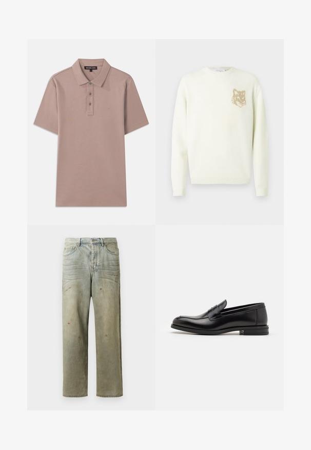 Cream crewneck sweater with long sleeves and small beige fox head graphic on the left chest, ribbed cuffs and hem.; Polo shirt in light brown fabric with short sleeves, three-button placket, and embroidered "MK" logo on the chest. Smooth texture.; Distressed denim jeans in light green, featuring a straight leg, five-pocket design, and uneven fading with paint splatters.; Black leather loafers with a smooth texture, rounded toe, and a decorative strap across the vamp. Low stacked heel, minimalist design.