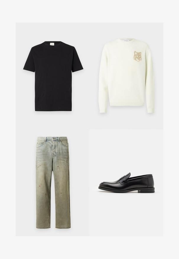 Cream crewneck sweater with long sleeves and small beige fox head graphic on the left chest, ribbed cuffs and hem.; Black cotton t-shirt with a crew neckline and short sleeves. Features a straight cut and minimal design, with a tag visible at the collar.; Distressed denim jeans in light green, featuring a straight leg, five-pocket design, and uneven fading with paint splatters.; Black leather loafers with a smooth texture, rounded toe, and a decorative strap across the vamp. Low stacked heel, minimalist design.