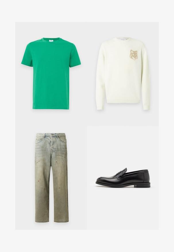 Maglione crema a girocollo con maniche lunghe e piccola grafica di testa di volpe beige a sinistra sul petto, polsini e orlo a costine.; T-shirt di cotone verde con maniche corte, scollo rotondo e una texture liscia. Design semplice senza pattern o decorazioni.; Jeans in denim strappato di colore verde chiaro, con gamba dritta, design a cinque tasche, sbiaditure irregolari e schizzi di vernice.; Mocassini neri in pelle con una texture liscia, punta arrotondata e una striscia decorativa sulla tomaia. Tacco basso impilato, design minimalista.