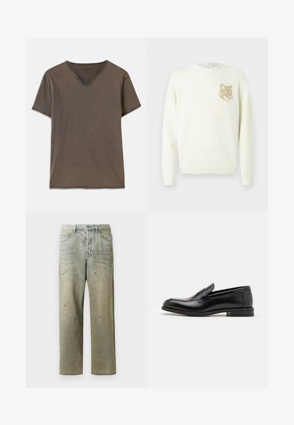 Cremefarvet crewneck sweater med lange ærmer og et lille beige rævehovedgrafik på venstre bryst, ribbede manchetter og kant.; Brun kortærmet T-shirt med V-hals, fire dekorative knapper nær halsen og kontrastsyning langs kanterne.; Slidte denimjeans i lysegrøn med lige ben, femlommerdesign og ujævn falming med malersplatter.; Sorte læderloafers med en glat overflade, rund tå og en dekorativ strop over vampen. Lav hæl med stabeldesign, minimalistisk stil.