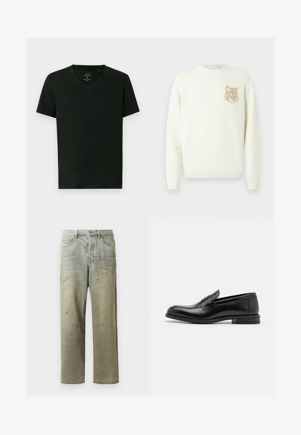Grietos spalvos megztinis su ilgomis rankovėmis ir mažo smėlio šviesumo lapės galvos grafika ant kairiojo krūtinės, su raibais rankogaliais ir apatine dalimi.; Juodas Armani Exchange vyriškas medvilninis marškinėliai su trumpomis rankovėmis ir V formos apykakle, dydis vidutinis, išdėstyti plokščiai ant baltos fono.; Šviesiai žaliai nuvarytos džinsinės kelnes, su tiesiomis kojomis, penkių kišenių dizainu, nelygiai blukščiantis ir su dažų lašeliais.; Juodos odinės loafers, turinčios lygų paviršių, apvalią noselę ir dekoratyvinę juostą per priekinę dalį. Žemas krentantis kulnas, minimalistinis dizainas.