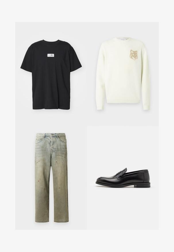 Grietos spalvos megztinis su ilgomis rankovėmis ir mažo smėlio šviesumo lapės galvos grafika ant kairiojo krūtinės, su raibais rankogaliais ir apatine dalimi.; Juodas medvilninis marškinėlis su apvaliomis iškirpėmis, trumpomis rankovėmis ir stačiakampiu baltu etiketė, ant kurios yra skaičių ir grafiką.; Šviesiai žaliai nuvarytos džinsinės kelnes, su tiesiomis kojomis, penkių kišenių dizainu, nelygiai blukščiantis ir su dažų lašeliais.; Juodos odinės loafers, turinčios lygų paviršių, apvalią noselę ir dekoratyvinę juostą per priekinę dalį. Žemas krentantis kulnas, minimalistinis dizainas.