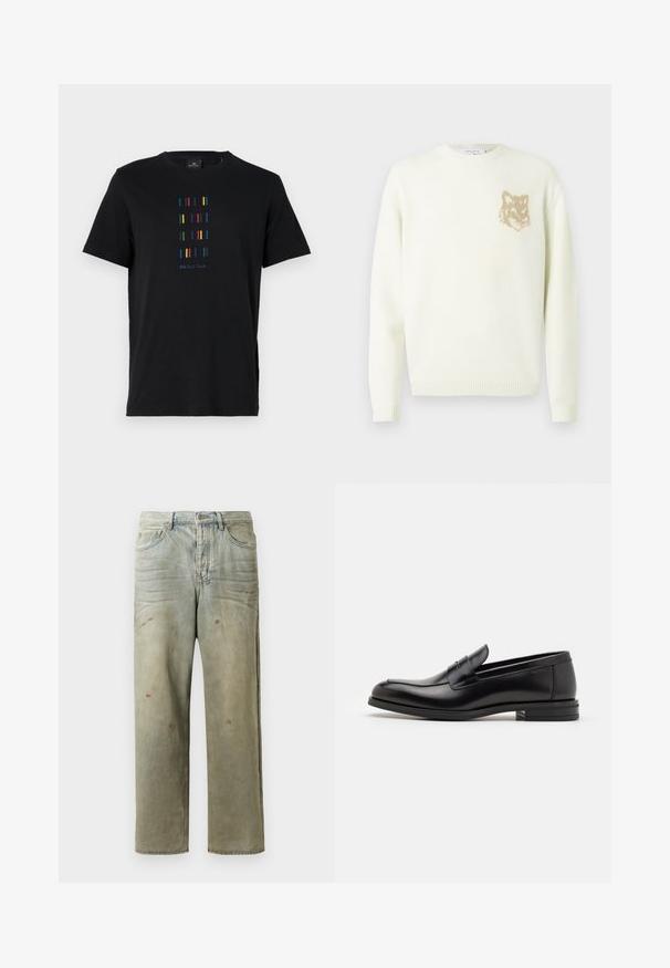 Krémový sveter s okrúhlym výstrihom, dlhými rukávmi a malou béžovou grafikou líšky na ľavej hrudi, s rebrovanými manžetami a lemovaním.; Čierne bavlnené tričko s vertikálnym dizajnom farebných pruhov a textom "PS Paul Smith" na spodnej strane. Štandardný okrúhly výstrih.; Zničené džínsy vo svetlozelenej farbe s rovnými nohavicami, piatimi vreckami a nerovnomerným vyblednutím so škvrnami od farby.; Čierne kožené mokasíny s hladkou textúrou, zaoblenou špičkou a dekoračným pásikom cez priehlavok. Nízky vrstvený opätok, minimalistický dizajn.