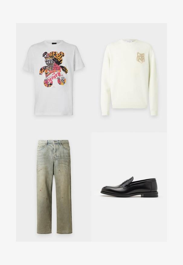 Kreemist värvi ümarakaelusega sviiter pika varrukaga, vasakul rinnal väikese beeži rebasespea graafikuga, soonikkoes varrukate ja äärtega.; Valge puuvillane T-särkk, millel on karu graafika, mis on täidetud värvikate ajakirja lõigatud piltide ja tekstiga, ümar kaelus, lühikesed varrukad.; Karmiinroheline kulunud denim teksapüksid, millel on sirge jalg, viie taskuga disain ning ebaühtlane pleekimine koos värvikrõpsudega.; Mustad mustad nahast loafers sileda tekstuuriga, ümarat ninaosa ja dekoratiivne riba vampi üle. Madal kihiline konts, minimalistlik disain.