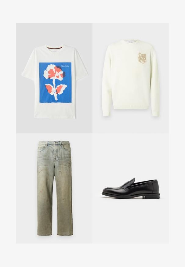Kerman kauluspaita, jossa on pitkät hihat ja pieni beige fox-pääkuva vasemmassa rinnassa, ribbaatut hihansuut ja helma.; Valkoinen puuvillapaita, jossa on suuri sininen neliögrafiikka, jossa on monivärinen abstrakti kukkakuva ja "Paul Smith" painettuna kulmaan.; Vaaleanvihreät kulutetut farkut suoran lahkeen, viiden taskun muotoilun ja epätasaisen haalistumisen sekä maalikohoumiin kanssa.; Mustat nahkakengät, joissa on sileä pinta, pyöreä kärki ja koristeellinen nauha jalkapöydän yli. Matala pinoitu koroke, minimalistinen muotoilu.