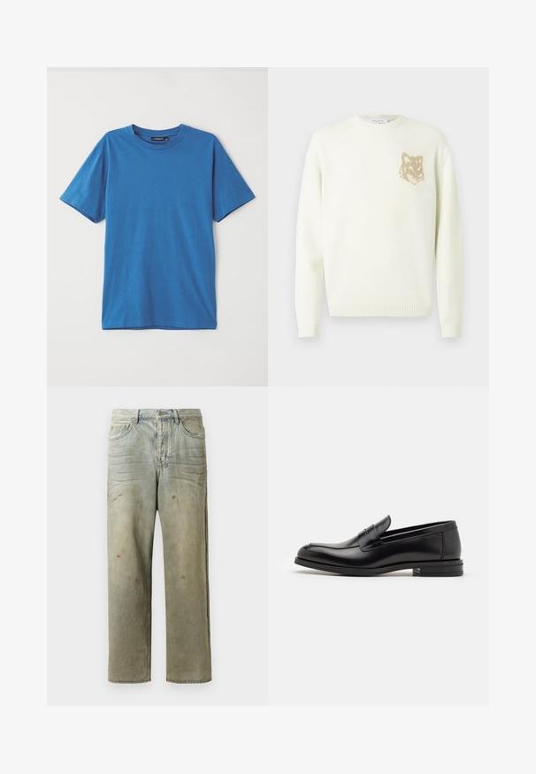 Kreemist värvi ümarakaelusega sviiter pika varrukaga, vasakul rinnal väikese beeži rebasespea graafikuga, soonikkoes varrukate ja äärtega.; Sinine puuvillane t-särk lühikeste varrukatega, ümar kaelus ja sile tekstuur. Ilma mustrite või aktsentideta. Lihtne, klassikaline disain.; Karmiinroheline kulunud denim teksapüksid, millel on sirge jalg, viie taskuga disain ning ebaühtlane pleekimine koos värvikrõpsudega.; Mustad mustad nahast loafers sileda tekstuuriga, ümarat ninaosa ja dekoratiivne riba vampi üle. Madal kihiline konts, minimalistlik disain.