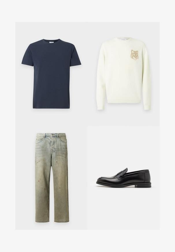 Krema pulover s posadko in dolgimi rokavi ter majhnim bež grafičnim motivom lisice na levem prsnem delu, rebrasti manšeti in rob.; Temno modra majica s kratkimi rokavi iz bombaža. Ima okroglo izrez in preprosto, gladko teksturo brez vidnih vzorcev ali poudarkov.; Utrujeni denim kavbojke v svetlo zeleni barvi, s ravnimi nogavicami, petimi žepi in neenakomernim bledenjem ter madeži barve.; Črne usnjene loafer čevlje z gladko teksturo, zaobljenim nosom in dekorativnim trakom čez zgornji del. Nizka zložena peta, minimalističen dizajn.