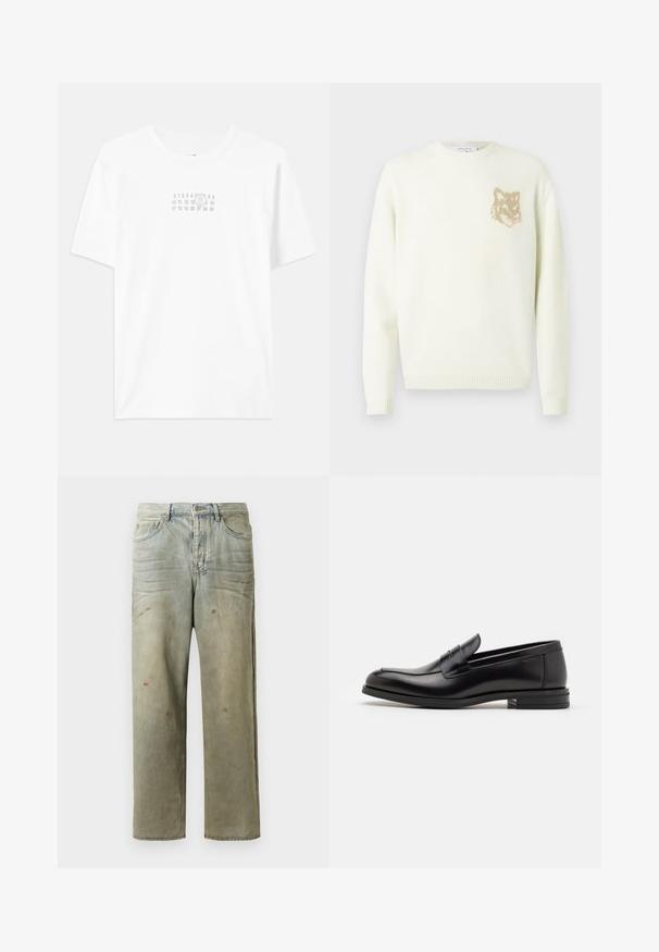 Grietos spalvos megztinis su ilgomis rankovėmis ir mažo smėlio šviesumo lapės galvos grafika ant kairiojo krūtinės, su raibais rankogaliais ir apatine dalimi.; Balta medvilnės marškinėliai su centruoto pilku piešiniu, ant kurio yra skaičių ir apskritimo dizainas. Klasikinė apvalia kaklo iškirpte ir trumpomis rankovėmis.; Šviesiai žaliai nuvarytos džinsinės kelnes, su tiesiomis kojomis, penkių kišenių dizainu, nelygiai blukščiantis ir su dažų lašeliais.; Juodos odinės loafers, turinčios lygų paviršių, apvalią noselę ir dekoratyvinę juostą per priekinę dalį. Žemas krentantis kulnas, minimalistinis dizainas.
