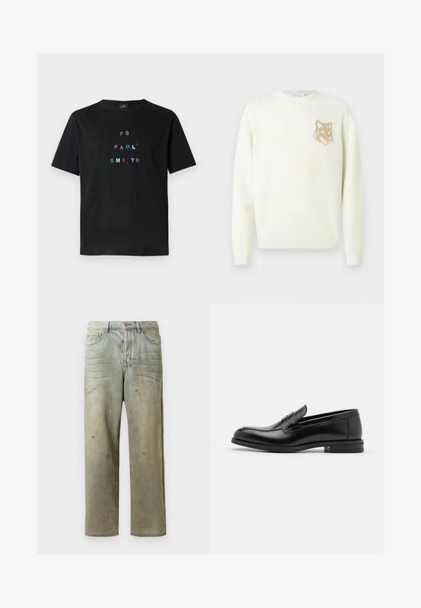 Cream crewneck sweater with long sleeves and small beige fox head graphic on the left chest, ribbed cuffs and hem.; Black cotton t-shirt featuring multicolored, embroidered text "PS PAUL' SMITH" arranged vertically in a modern typography design. Short sleeves.; Distressed denim jeans in light green, featuring a straight leg, five-pocket design, and uneven fading with paint splatters.; Black leather loafers with a smooth texture, rounded toe, and a decorative strap across the vamp. Low stacked heel, minimalist design.