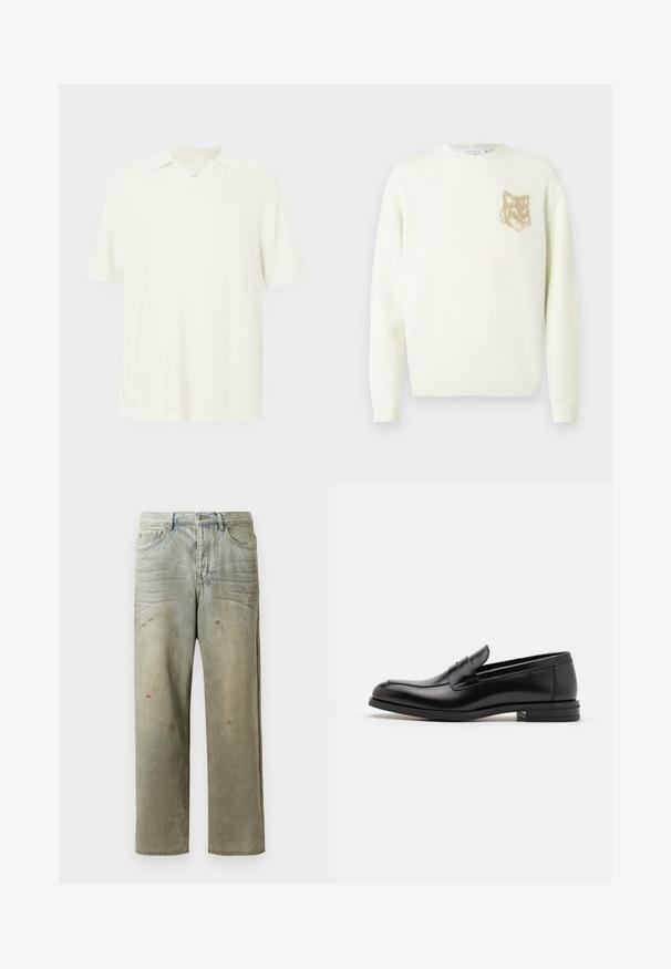 Világos krém színű crewneck pulóver hosszú ujjakkal, bal mellrészen egy kis bézs színű rókafej grafikával, bordás mandzsettákkal és aljjal.; Rövid ujjú polo ing, világos krém színű, textúrázott anyagból készült, v-nyakkivágással és klasszikus gallér kialakítással.; Fakó zöld, kopott farmerszadrág, egyenes lábbal, ötk zsebes kialakítással, egyenetlen kopással és festékcseppekkel.; Fekete bőr loaferek sima textúrával, kerek orral és dekoratív pánttal a vampnál. Alacsony, rétegelt sarkú, minimalista dizájn.