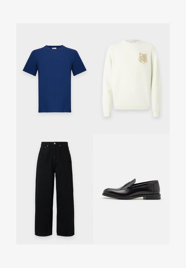 Kremasti pulover s dugim rukavima i malim grafičkim prikazom bež lisice na lijevoj strani prsa, rebrasti manžeti i rub.; Mornarsko plavi T-majica kratkih rukava od pamuka. Sadrži okrugli izrez i ravni kroj, s glatkom teksturom i bez vidljivih uzoraka.; Crne wide-leg hlače od pamuka, s visokim strukom, prednjim džepovima, srebrnim dugmetom i čistom donjom rubom.; Crni kožni mokasini s glatkom teksturom, zaobljenim prstima i ukrasnom trakom preko prednjeg dijela. Niski slojeviti potplat, minimalistički dizajn.