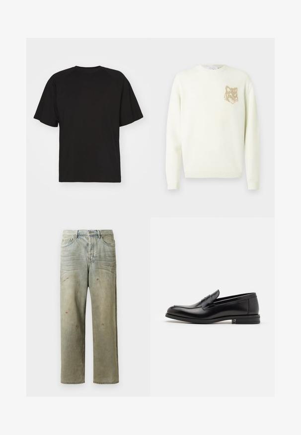 Világos krém színű crewneck pulóver hosszú ujjakkal, bal mellrészen egy kis bézs színű rókafej grafikával, bordás mandzsettákkal és aljjal.; Essential Collective ORGANIC COTTON - Basic póló - black; Fakó zöld, kopott farmerszadrág, egyenes lábbal, ötk zsebes kialakítással, egyenetlen kopással és festékcseppekkel.; Fekete bőr loaferek sima textúrával, kerek orral és dekoratív pánttal a vampnál. Alacsony, rétegelt sarkú, minimalista dizájn.
