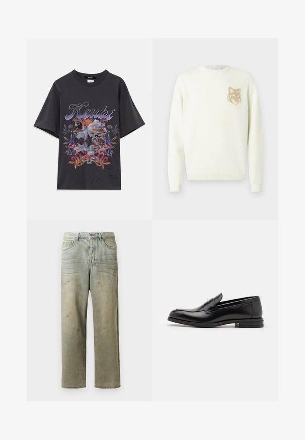 Kerman kauluspaita, jossa on pitkät hihat ja pieni beige fox-pääkuva vasemmassa rinnassa, ribbaatut hihansuut ja helma.; Harmaa ylisuuri t-paita puuvillaa, jossa on värikäs graafinen suunnittelu, jossa on kukkia, sieniä ja vuoria. Repeytynyt yksityiskohta helmassa.; Vaaleanvihreät kulutetut farkut suoran lahkeen, viiden taskun muotoilun ja epätasaisen haalistumisen sekä maalikohoumiin kanssa.; Mustat nahkakengät, joissa on sileä pinta, pyöreä kärki ja koristeellinen nauha jalkapöydän yli. Matala pinoitu koroke, minimalistinen muotoilu.