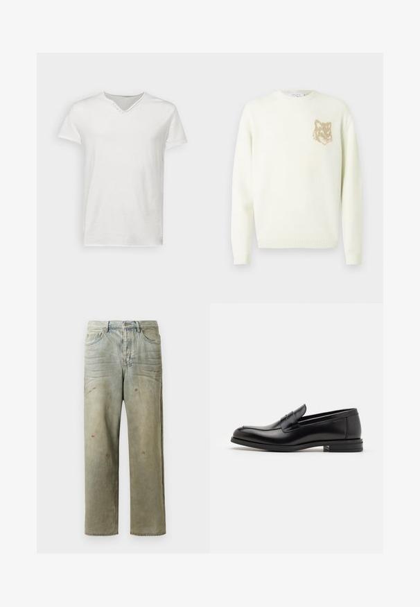 Cremfarbener Pullover mit Rundhalsausschnitt, langen Ärmeln und kleinem, beigen Fuchskopf-Graphic auf der linken Brust, gerippte Bündchen und Saum.; Weißes T-Shirt mit kurzen Ärmeln aus weicher Baumwolle. Besitzt einen V-Ausschnitt mit einem dekorativen Knopfdetails in der Nähe des Halsauschnitts. Glatte Textur.; Distressed Denim-Jeans in Hellgrün, mit geradem Bein, Fünf-Taschen-Design und ungleichmäßiger Ausbleichung sowie Farbspritzern.; Schwarze Lederloafers mit glatter Textur, rundem Zehenbereich und einem dekorativen Riemen über dem Vorderfuß. Niedriger, gestapelter Absatz, minimalistisches Design.