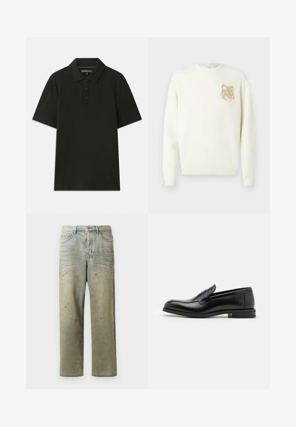 Kreemist värvi ümarakaelusega sviiter pika varrukaga, vasakul rinnal väikese beeži rebasespea graafikuga, soonikkoes varrukate ja äärtega.; Mustlane polo-särk, mis on valmistatud tekstuursest kangast. Omab kolme nupuga nööbistust ja standarset kraed. Lühikesed varrukad ja sirge serv.; Karmiinroheline kulunud denim teksapüksid, millel on sirge jalg, viie taskuga disain ning ebaühtlane pleekimine koos värvikrõpsudega.; Mustad mustad nahast loafers sileda tekstuuriga, ümarat ninaosa ja dekoratiivne riba vampi üle. Madal kihiline konts, minimalistlik disain.