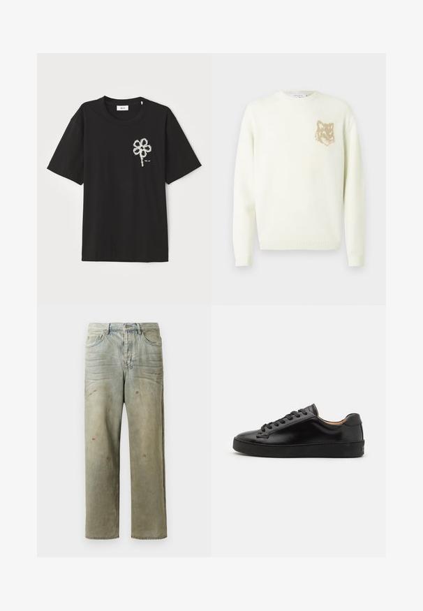 Cream crewneck sweater with long sleeves and small beige fox head graphic on the left chest, ribbed cuffs and hem.; Black cotton t-shirt with a round neckline and short sleeves, featuring a white embroidered flower design on the left chest area.; Distressed denim jeans in light green, featuring a straight leg, five-pocket design, and uneven fading with paint splatters.; Black leather sneaker with a smooth finish, round toe, and black laces. Features minimal branding on the heel and a rubber outsole.