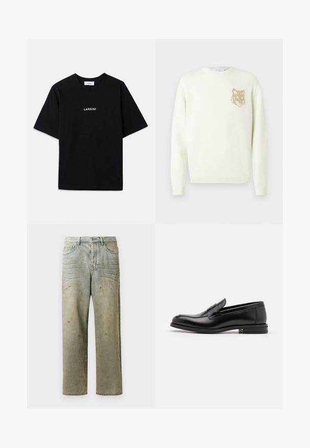 Grietos spalvos megztinis su ilgomis rankovėmis ir mažo smėlio šviesumo lapės galvos grafika ant kairiojo krūtinės, su raibais rankogaliais ir apatine dalimi.; Juodas trumpas rankovės marškinėliai, pagaminti iš medvilnės, su apvaliu kaklu ir baltu spausdintu logotipu "LARDINI" krūtinėje. Paprastas, nepuošnus dizainas.; Šviesiai žaliai nuvarytos džinsinės kelnes, su tiesiomis kojomis, penkių kišenių dizainu, nelygiai blukščiantis ir su dažų lašeliais.; Juodos odinės loafers, turinčios lygų paviršių, apvalią noselę ir dekoratyvinę juostą per priekinę dalį. Žemas krentantis kulnas, minimalistinis dizainas.