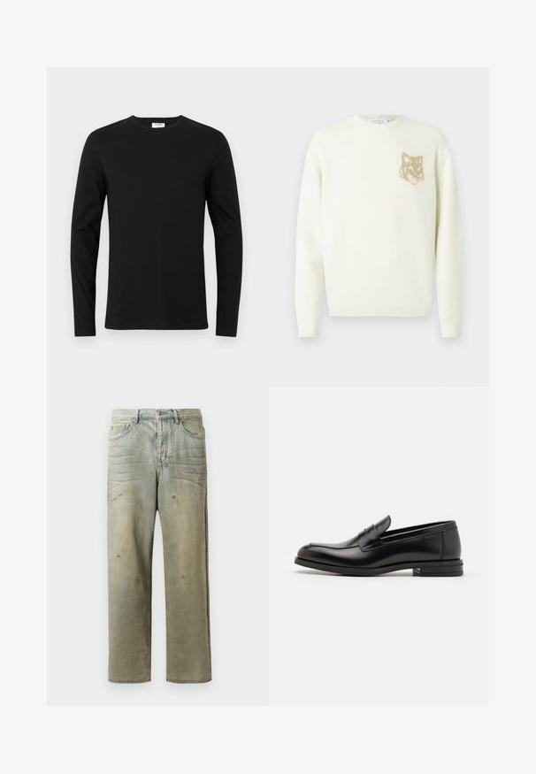Világos krém színű crewneck pulóver hosszú ujjakkal, bal mellrészen egy kis bézs színű rókafej grafikával, bordás mandzsettákkal és aljjal.; Fekete, hosszú ujjú, pamut póló, kerek nyakkivágással és egyszerű dizájnnal, amelyen nincsenek látható minták vagy díszítések.; Fakó zöld, kopott farmerszadrág, egyenes lábbal, ötk zsebes kialakítással, egyenetlen kopással és festékcseppekkel.; Fekete bőr loaferek sima textúrával, kerek orral és dekoratív pánttal a vampnál. Alacsony, rétegelt sarkú, minimalista dizájn.