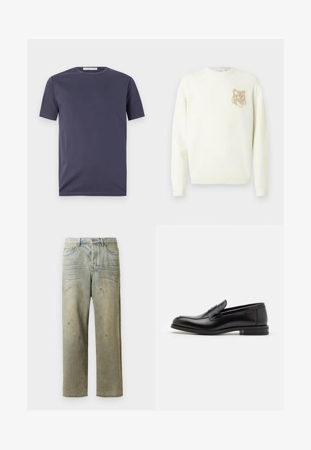 Krémový sveter s okrúhlym výstrihom, dlhými rukávmi a malou béžovou grafikou líšky na ľavej hrudi, s rebrovanými manžetami a lemovaním.; Námornícky modré tričko s krátkymi rukávmi vyrobené z hladkej látky. Má okrúhly výstrih a jemné detaily šitia. Minimalistický dizajn bez vzorov.; Zničené džínsy vo svetlozelenej farbe s rovnými nohavicami, piatimi vreckami a nerovnomerným vyblednutím so škvrnami od farby.; Čierne kožené mokasíny s hladkou textúrou, zaoblenou špičkou a dekoračným pásikom cez priehlavok. Nízky vrstvený opätok, minimalistický dizajn.