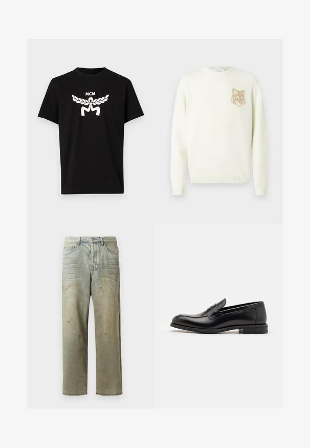 Krémový svetr s kulatým výstřihem a dlouhými rukávy, s malou béžovou grafikou hlavy lišky na levé straně hrudníku, s žebrovanými manžetami a spodním lemem.; Černé bavlněné tričko s krátkými rukávy, na přední straně s velkým bílým logem MCM a designem vavřínu. Klasický kulatý výstřih.; Odstřižené džíny v světle zelené barvě, se rovnými nohavicemi, pěti kapsami a nerovnoměrným vyblednutím s barevnými skvrnami.; Černé kožené polobotky s hladkou texturou, zaoblenou špičkou a zdobným páskem přes nárt. Nízký stohovaný podpatek, minimalistický design.