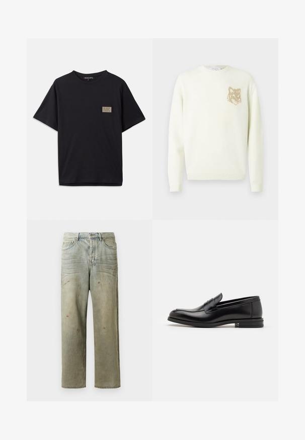 Kreemist värvi ümarakaelusega sviiter pika varrukaga, vasakul rinnal väikese beeži rebasespea graafikuga, soonikkoes varrukate ja äärtega.; Mustad must T-särk lühikeste varrukatega, millel on vasakul rinnakul väike ristkülikuline kuldse tekstuuriga plekk, kus on "MK" logo.; Karmiinroheline kulunud denim teksapüksid, millel on sirge jalg, viie taskuga disain ning ebaühtlane pleekimine koos värvikrõpsudega.; Mustad mustad nahast loafers sileda tekstuuriga, ümarat ninaosa ja dekoratiivne riba vampi üle. Madal kihiline konts, minimalistlik disain.
