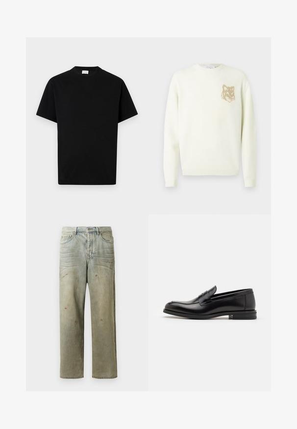 Cremefarvet crewneck sweater med lange ærmer og et lille beige rævehovedgrafik på venstre bryst, ribbede manchetter og kant.; Sort bomuld t-shirt med rund hals, korte ærmer og lige snit. Ingen synlige mønstre eller hardwaredetaljer.; Slidte denimjeans i lysegrøn med lige ben, femlommerdesign og ujævn falming med malersplatter.; Sorte læderloafers med en glat overflade, rund tå og en dekorativ strop over vampen. Lav hæl med stabeldesign, minimalistisk stil.