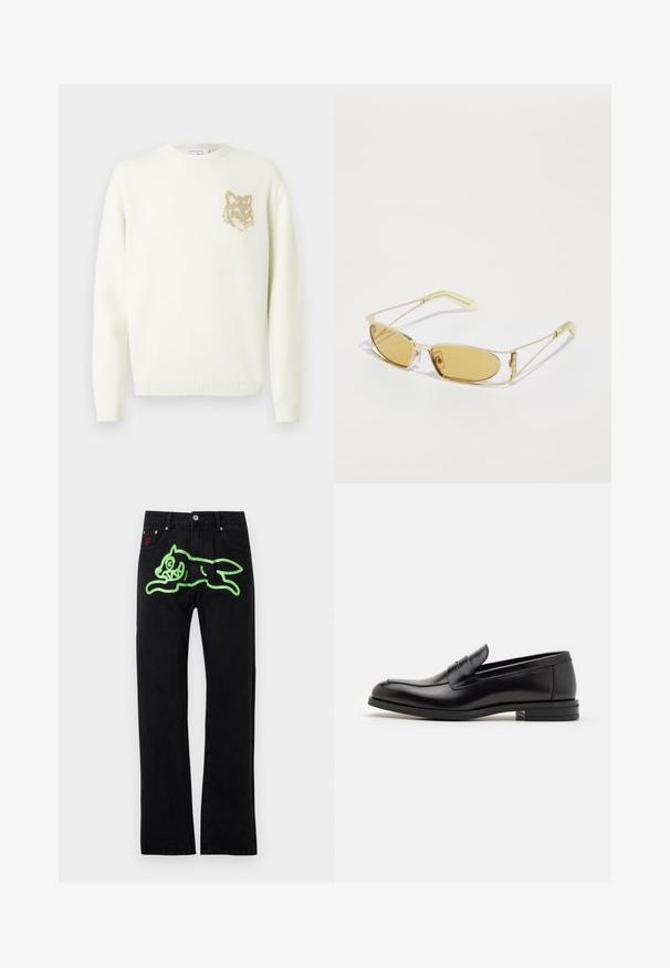 Kreemist värvi ümarakaelusega sviiter pika varrukaga, vasakul rinnal väikese beeži rebasespea graafikuga, soonikkoes varrukate ja äärtega.; Mustad sirgedega mustad teksad, mille taga on suur roheline graafika jooksjast multikassist. Hõbedased detailid.; Mustad mustad nahast loafers sileda tekstuuriga, ümarat ninaosa ja dekoratiivne riba vampi üle. Madal kihiline konts, minimalistlik disain.; Kollaste varjunditega prillid, millel on läbipaistev kuldne raami, saledad ristkülikukujulised vormid ning nurgelised varred, millel on helesinised aktsendid.