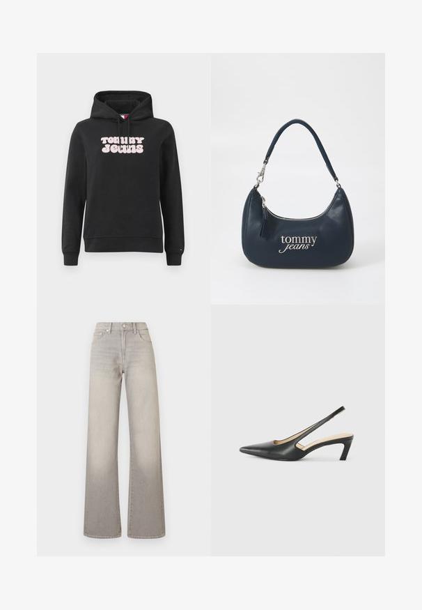 Black hoodie made of cotton-blend fabric, featuring a front pink logo text "TOMMY JEANS" in a rounded font. Adjustable drawstring hood.; Gray wide-leg jeans with a faded finish, button closure, five-pocket design, and stitched detailing along the seams.; Black pointy-toed slingback shoe with a low heel, featuring smooth leather material and cut-out design on the side for breathability.; Navy blue leather handbag with a rounded shape, silver zipper, and "tommy jeans" logo in a script font across the front. Short handle.