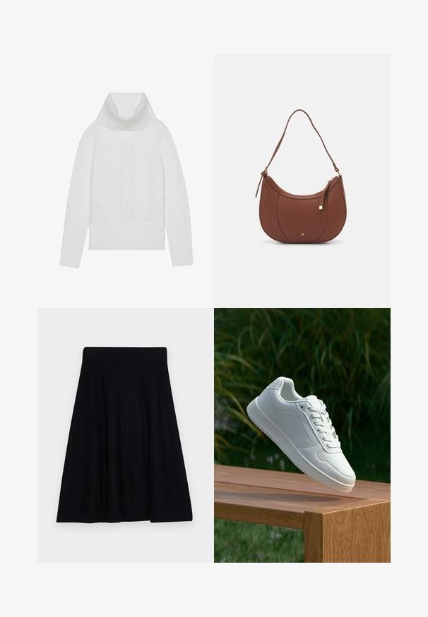 Valkoinen neulepaita, jossa on korkea ribbaustettu turtleneck, teksturoituja paneeleita sekä ribbaustetut hihansuut ja helma. Pehmeä villa-sekoitemateriaali.; Mustapleated-hame, jossa on teksturoidunpinta, leveä vyötärönauha ja virtaava A-linjainen muoto mukavaa käyttömukavuutta varten.; Valkoiset tennarit, joissa on sileä synteettinen päällinen, rei'itetty varvasosa, litteät nauhat ja teksturoitu pohja, esillä puupinnalla.; Ruskea keinonahkainen olkalaukku, jossa on kaareva muoto, minimaalinen ompelu ja kultasävyinen varuste. Varustettu ylhäältä avautuvalla vetoketjullisella suljennalla ja säädettävällä hihnalla.