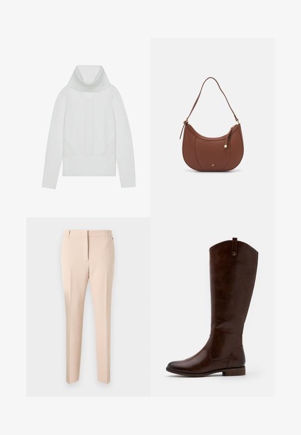 Bílý pletený svetr s vysokým ribovým stojáčkem, texturovanými panely a ribovými manžetami a lemem. Měkký materiál z vlněné směsi.; Beige kalhoty na míru s plochým předním dílem, poutky na opasek, dvěma bočními kapsami a rovnými nohavicemi. Hladká textura materiálu a minimální detaily.; Hnědé kozačky do kolen vyrobené z hladké kůže, s kulatou špičkou, nízkým stohovaným podpatkem a jemným prošitím po stranách.; Hnědá kabelka přes rameno z umělé kůže s zakřiveným tvarem, minimálním prošíváním a zlatým kovovým akcentem. Disponuje vrchním zipovým uzavíráním a nastavitelným popruhem.