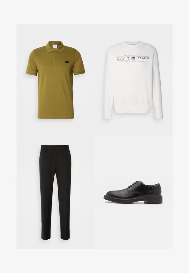 Sweatshirt blanc à manches longues, col rond et poignets côtelés. Présente le texte "GANT 1949" et un logo en bleu foncé et rouge.; Polo shirt vert olive en coton doux. Dispose d'un col classique, de deux boutons et d'un petit logo de la marque sur la poitrine gauche. Manches courtes.; Pantalon noir en tissu lisse, avec des jambes droites, une fermeture à bouton et un design classique adapté à un usage formel ou décontracté.; Chaussure noire en cuir à lacets avec un embout arrondi, texture lisse, piqures minimales et un petit talon en caoutchouc. Logo sur le talon.