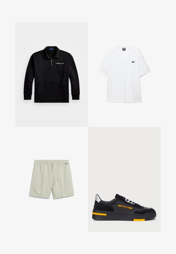 Pull noir avec un col zippé quart, des manches longues et des poches latérales. Comprend un logo "Polo Ralph Lauren" brodé sur la poitrine.; T-shirt en coton blanc à manches courtes, col rond, et un petit logo noir sur la poitrine. Texture lisse et coupe décontractée.; Shorts vert clair avec une taille élastique, fermeture à cordon, poches latérales et coupe ample. Fabriqués en tissu doux et respirant.; Baskets noires avec une tige en daim et en mesh, accents jaunes et une semelle épaisse noire. Fermeture à lacets et marquage "POLO SPORT" sur le côté.