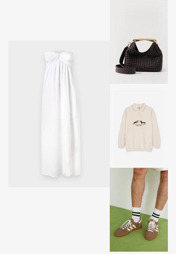 Kaotiko CREW PUPPIES UNISEX - Pólóing - beige; Fehér, pánt nélküli ruha csavart felsőrésszel, redős anyaggal, földig érő kivitelben és finoman texturált részletekkel. Puha, könnyű anyag.; Barna velúr sportcipő fehér díszítéssel és fűzővel. Gumi talp. Fehér zoknival viselve, fekete csíkokkal. Zöld, textúrázott padló.; Elleme BOOMERANG WOVEN - Kézitáska - brown