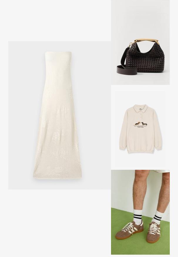 Kaotiko CREW PUPPIES UNISEX - Poloshirts - beige; Uden stropper, gulvlængde strikkjole i off-white, med et struktureret stof og subtile blomsterkræmmønstre. Simpel kantdesign.; Brune ruskind sneakers med hvide detaljer og snørebånd. Gummisål i naturgummi. Båret med hvide sokker med sorte striber. Grøn struktureret gulv.; Elleme BOOMERANG WOVEN - Håndtasker - brown