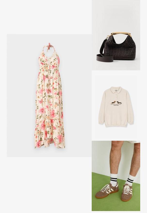 Kaotiko CREW PUPPIES UNISEX - Polo marškinėliai - beige; Kreminė gėlėta maksi suknelė su rožinėmis ir žaliomis gėlių raštais. Suknelė turi kaklo apykaklę ir sluoksniuotą apatinę dalį, sukuriančią laisvą siluetą.; Rudoni veršiai sportbačiai su baltais akcentais ir raišteliais. Gumos padu. Dėvimi su baltais kojinėmis, turinčiomis juodas juostas. Žalios tekstūruotos grindys.; Elleme BOOMERANG WOVEN - Rankinė - brown
