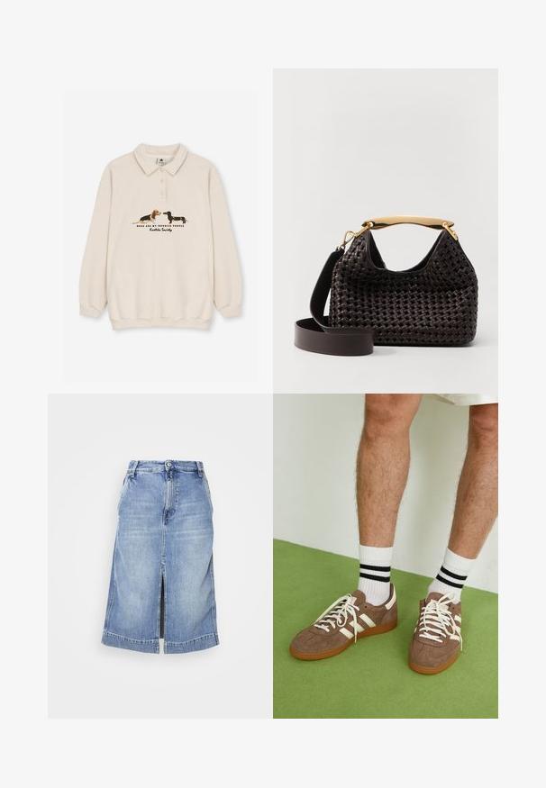 Kaotiko CREW PUPPIES UNISEX - Polo krekls - beige; Gaiši zils džinsus svārks ar ceļa garuma griezumu, priekšējo šķēlumu un tradicionālo piecu kabatu dizainu, ar pogu aizdari un jostu cilpiņām.; Brūni zamša sporta apavi ar baltām akcentu un auklām. Kaučuka zole. Nēsāti ar baltām zeķēm, kurām ir melnas svītras. Zaļa struktūrēta grīda.; Elleme BOOMERANG WOVEN - Rokassoma - brown
