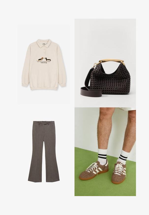 Kaotiko CREW PUPPIES UNISEX - Polo shirt - beige; Brown flared trousers in textured fabric, featuring a flat front, belt loops, and a classic mid-rise waist. No visible pockets.; Brown suede sneakers with white accents and laces. Rubber gum sole. Worn with white socks featuring black stripes. Green textured flooring.; Elleme BOOMERANG WOVEN - Handbag - brown