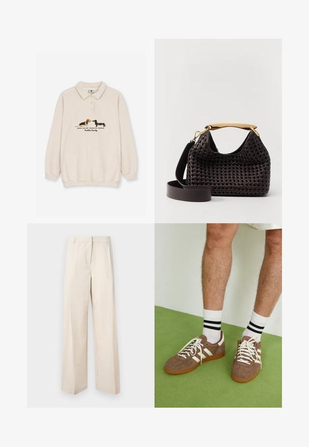 Kaotiko CREW PUPPIES UNISEX - Polo majica - beige; Bež hlače širokih nogavic s prilagojenim krojem, narejene iz gladkega blaga. Imajo ravno sprednjo stran in čiste linije, brez vidnih okrasnih elementov.; Rjavi semiš športni čevlji z belimi detajli in vezalkami. Gumijast podplat. Nošeni z belimi nogavicami z črnimi črtami. Zelena teksturirana talna obloga.; Elleme BOOMERANG WOVEN - Torbica - brown