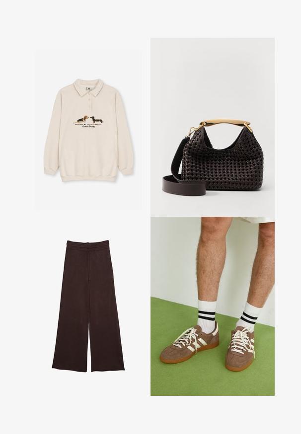 Kaotiko CREW PUPPIES UNISEX - Poloshirt - beige; Braune weit geschnittene Hose aus weichem Material, mit einem elastischen Bund und Kordelzug, sowie einer strukturierten Oberfläche für zusätzliche Details.; Braune Wildleder-Sneaker mit weißen Akzenten und Schnürsenkeln. Gummisohle in Kautschuk-Optik. Getragen mit weißen Socken, die schwarze Streifen haben. Grüner strukturierter Fußboden.; Elleme BOOMERANG WOVEN - Handtasche - brown