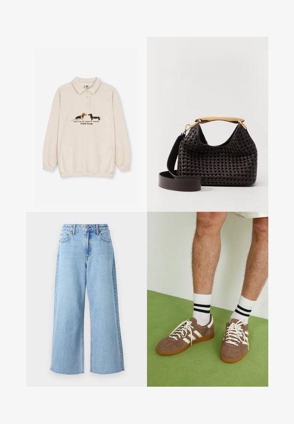 Kaotiko CREW PUPPIES UNISEX - Polo marškinėliai - beige; Šviesiai mėlyni plačios kojos džinsai iš denimo audinio, pasižymintys aukštu juosmeniu, priekyje esančia sagtimi ir nebaigtu kraštu ties kulkšnimis.; Rudoni veršiai sportbačiai su baltais akcentais ir raišteliais. Gumos padu. Dėvimi su baltais kojinėmis, turinčiomis juodas juostas. Žalios tekstūruotos grindys.; Elleme BOOMERANG WOVEN - Rankinė - brown