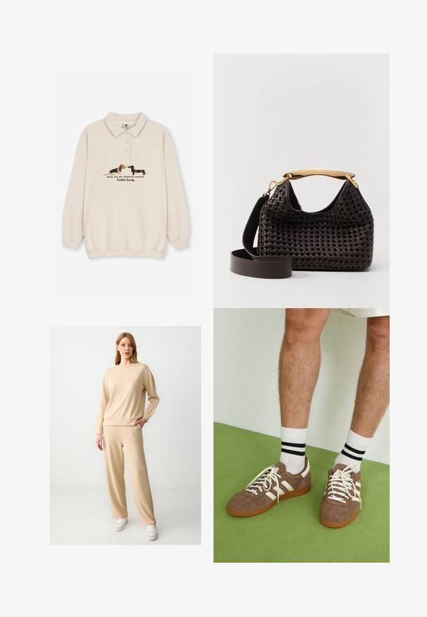 Kaotiko CREW PUPPIES UNISEX - Polo shirt - beige; Beige sweatshirt and matching wide-leg pants, made of soft fabric. Features a round neckline, dropped shoulders, and side pockets.; Brown suede sneakers with white accents and laces. Rubber gum sole. Worn with white socks featuring black stripes. Green textured flooring.; Elleme BOOMERANG WOVEN - Handbag - brown