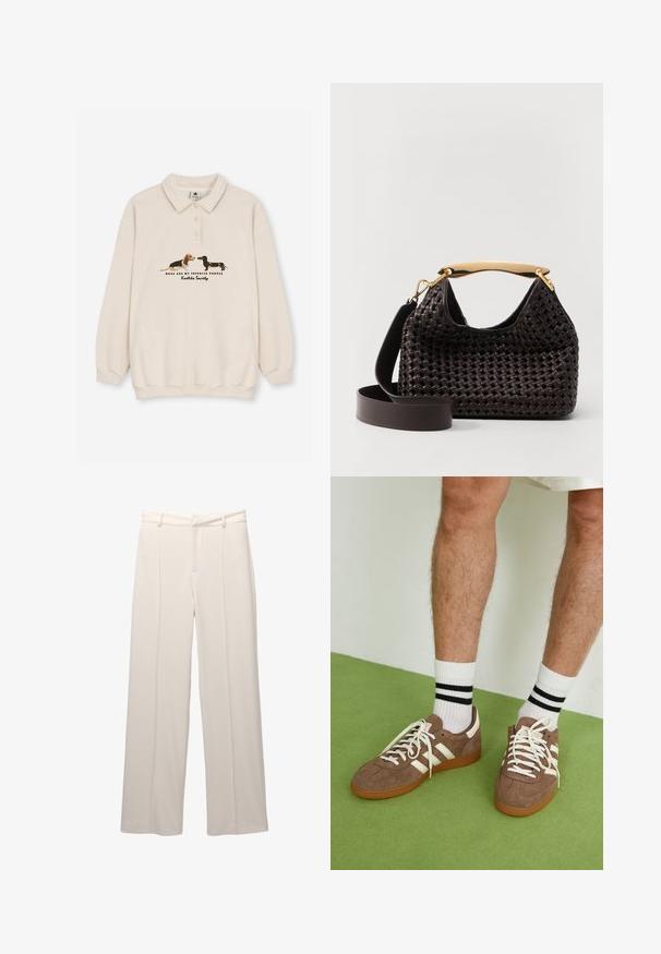 Kaotiko CREW PUPPIES UNISEX - Polo majica - beige; Široke hlače iz svetle bež tkanine z gladko teksturo. Imajo prilegajoč pas, sprednje vole in brez vidnih žepov.; Rjavi semiš športni čevlji z belimi detajli in vezalkami. Gumijast podplat. Nošeni z belimi nogavicami z črnimi črtami. Zelena teksturirana talna obloga.; Elleme BOOMERANG WOVEN - Torbica - brown