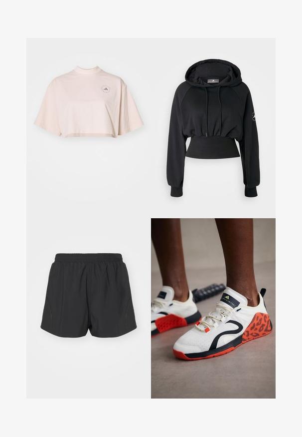 Hanorac negru scurt cu glugă ajustabilă, tiv cu nervuri și mâneci raglan. Prezintă un logo pe mâneca stângă și o textură fină.; Tricou scurt, din bumbac roz deschis, cu gât fals și mâneci scurte, lejere. Include un detaliu discret cu un logo rotund pe piept.; Pantaloni scurți de alergare negri, cu un waistband elastic, dintr-un material ușor, cu un design texturat care include accente laterale subtile.; Pantofi sport albi cu un accent leopard imprimat în negru și portocalie. Au un exterior din material texturat, talpă din cauciuc și un sistem de șireturi.