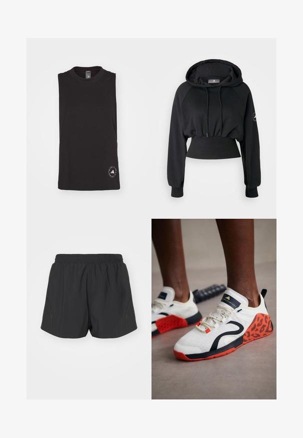 Fekete, rövidítve szabott kapucnis pulóver húzózsinórral, bordázott alján és raglán ujjakkal. Az egyik ujján logóval rendelkezik és sima tapintású.; Fekete ujjatlan felső, puha pamutból, kerek nyakkivágással, fehér kör alakú logóval az alsó jobb sarokban.; Fekete futónadrág elasztikus derékkal, könnyű anyagból, texturált mintázattal, amely diszkrét oldalsó díszítésekkel rendelkezik.; Fehér sportcipők fekete és narancssárga leopárdmintás díszítéssel. Texturált szövet felsőrésze, gumitalpa és fűzőrendszere van.