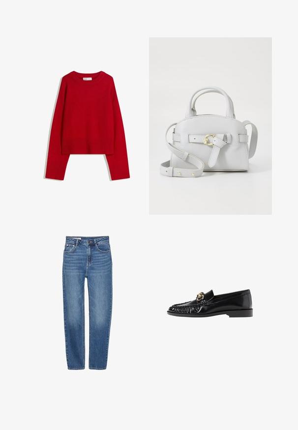 Rød sweater med rund hals, lange ærmer og ribbede manchetter og kant. Fremstillet af blødt, struktureret stof. Kort design.; Hvid langærmet skjorte med klassisk krave, central knaplukning og glat stof med en let cropped kant.; Blå denim jeans med lige ben design, fem-lomme stil og høj talje. Har let falmede områder og kontrasterende syning.; Sort læder loafer med rund tå, samlet tekstur og guldhardware-accenter. Flad hæl og glat finish overalt.; Lys grå lædertaske med struktureret design, top håndtag og en aftagelig rem. Udstyret med guldfarvet hardware og en front sløjfedetalje.