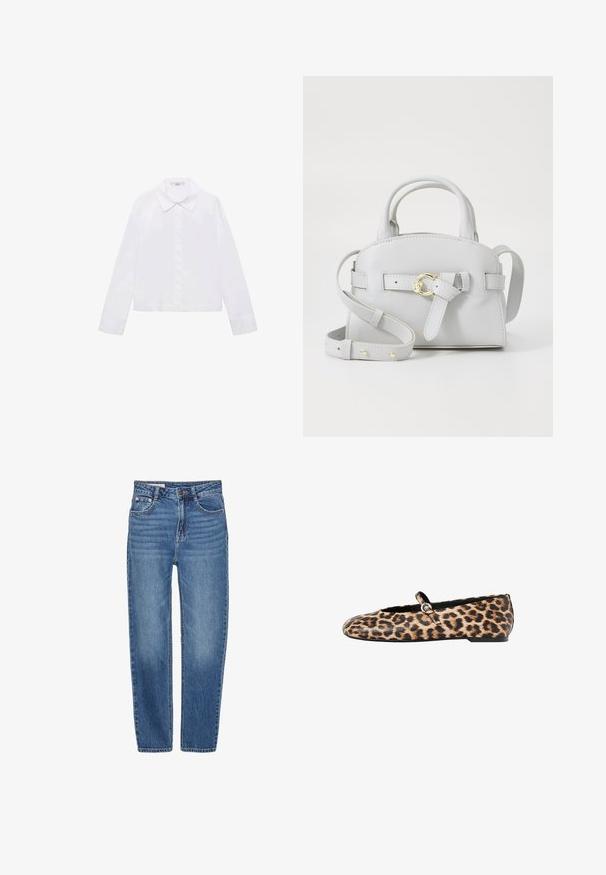 Rode trui met een ronde halslijn, lange mouwen en ribgebreide manchetten en zoom. Gemaakt van zachte, gestructureerde stof. Verkorte ontwerp.; Witte lange mouw shirt met een klassieke kraag, centrale knoopsluiting en een gladde stof met een iets cropped zoom.; Blauwe denim jeans met een recht model, vijf zakken en een hoge taille. Heeft lichte vervaging en contrasterende stiksels.; Ballet flats met luipaardprint, voorzien van een zwarte accent rond de opening en een klein bandje met een metalen gesp. Gestructureerde textiel bovenkant, platte zool.; Lichtgrijze leren handtas met gestructureerd ontwerp, handvatten aan de bovenkant en een afneembare schouderband. Voorzien van gouden hardware en een strikdetail aan de voorkant.