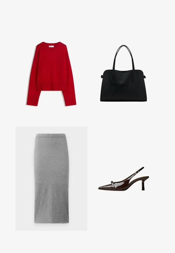Rode trui met een ronde halslijn, lange mouwen en ribgebreide manchetten en zoom. Gemaakt van zachte, gestructureerde stof. Verkorte ontwerp.; Grijze, knielange rok van zacht, rekbaar materiaal. Heeft een eenvoudig, aansluitend ontwerp met een elastische tailleband en een fijne textuur.; Bruine gepatineerde leren slingback schoen met een spitse neus, lage hak en een decoratieve strikaccent aan de voorkant. Glad, glanzend oppervlak.; Zwarte leren handtas met dubbele schouderriemen, rechthoekige vorm en minimalistisch ontwerp op een witte achtergrond.