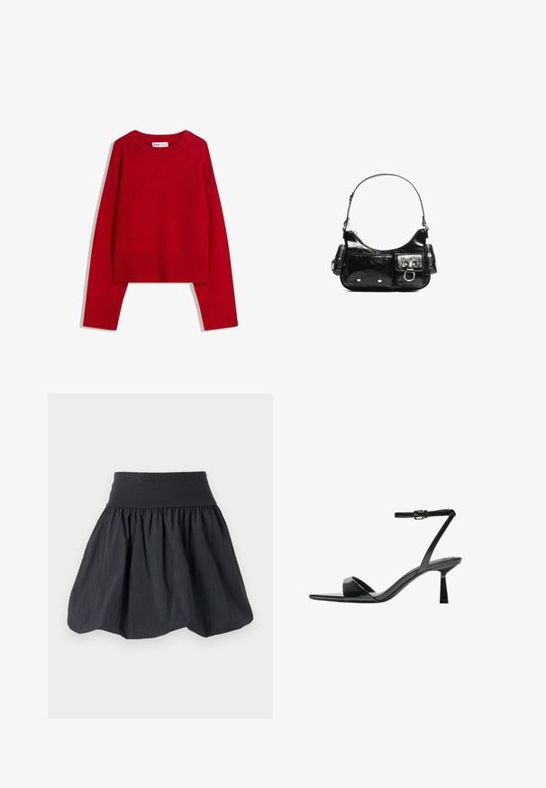Roter Pullover mit Rundhalsausschnitt, langen Ärmeln und gerippten Bündchen und Saum. Aus weichem, strukturiertem Stoff gefertigt. Kürzeres Design.; Schwarz, elastischer Rock mit Gummibund aus leichtem, gekräuseltem Stoff. Hat eine ausgestellte Silhouette und eine geraffte Textur für Volumen.; Bershka High Heel Sandalette - black; Schwarze Lackleder-Handtasche mit geschwungenem Design, einem Schulterriemen, Vordertaschen und silberfarbenen Hardware-Akzenten.